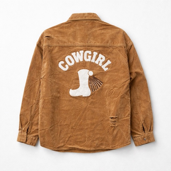 Blue Velvet Tops - Tan corduroy COWGIRL boots graphic Shacket button down shirt NWT women’s